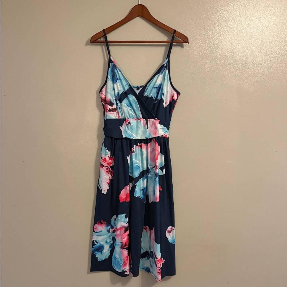 Amazon Navy Floral Midi Dress with Pink & Light Blue Blooms